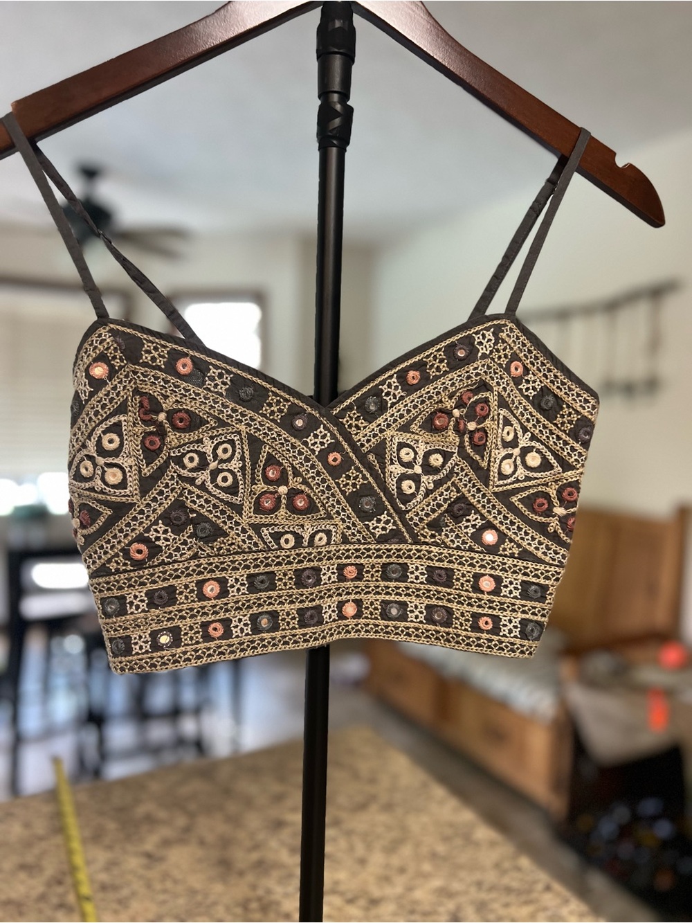 NWT American Eagle Embroidered muted Black Gray Crop Cami bralette Top XS